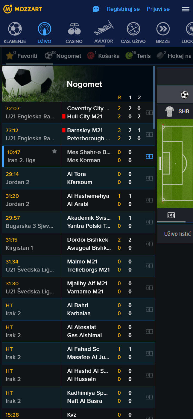 Mozzart Apuestas en vivo móvil